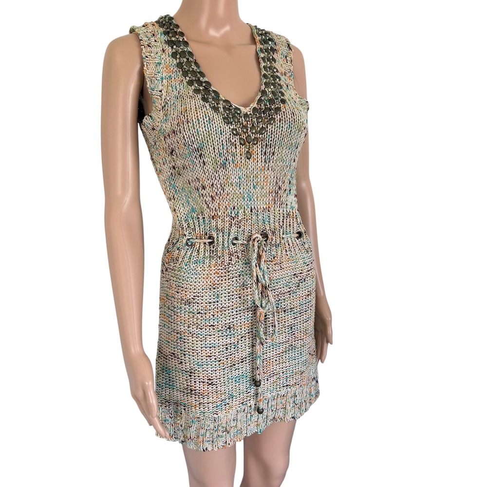BCBGMAXAZRIA Y2K Beaded V-Neck Space Dye Knit Mini Dress Multi Color M Boho - Picture 2 of 11
